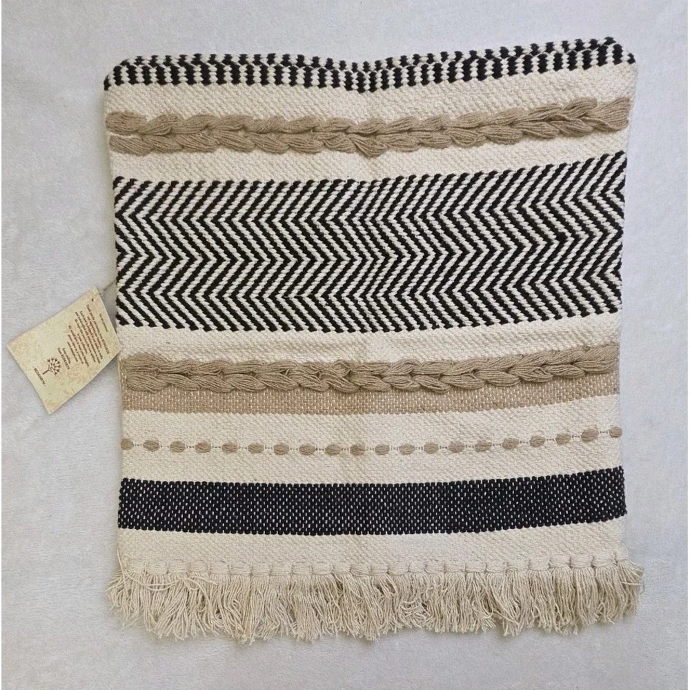 2 REDEARTH Handmade Boho Pillow Covers Bohemian Chic Farmhouse Fringe 18x18 Sham